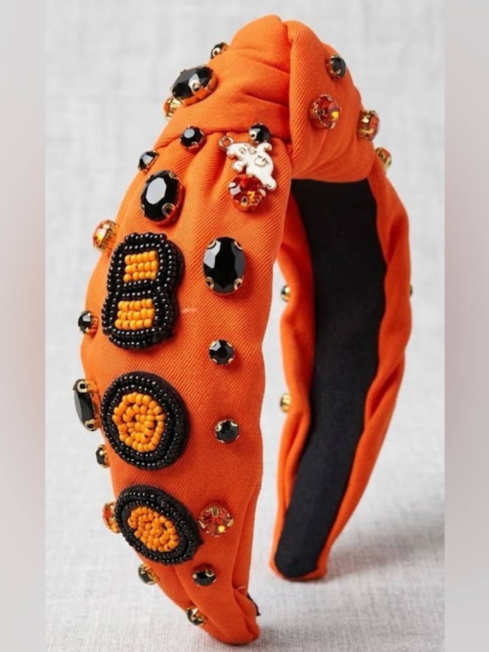 NWOT Halloween Knotted Orange Black Beaded Rhinestone Headband BOO Ghost Spooky